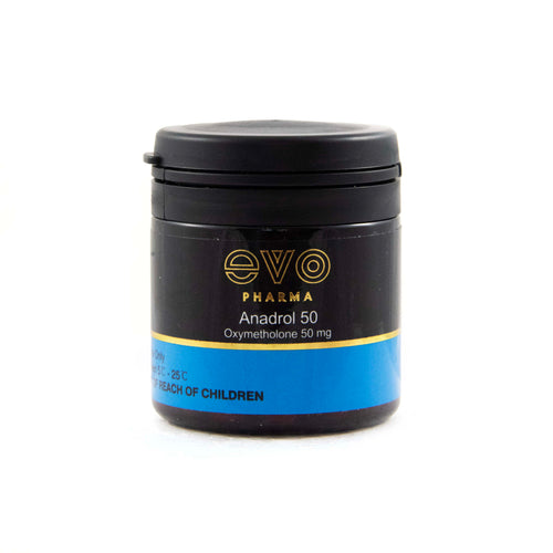 Black container with blue label featuring 'evo Pharma' on a white background